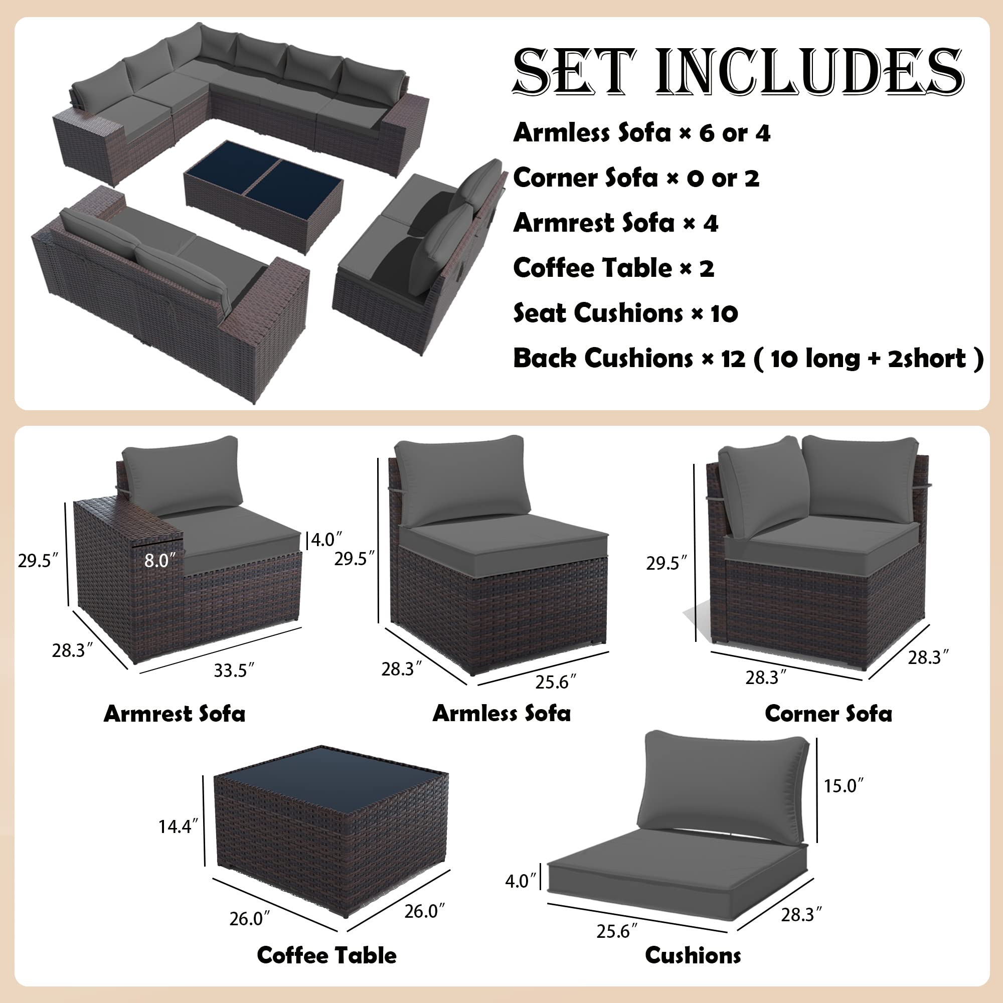Gotland Outdoor Patio Furniture Sectional Conversation Set 12Pcs Rattan Wicker 10 Cushion Table