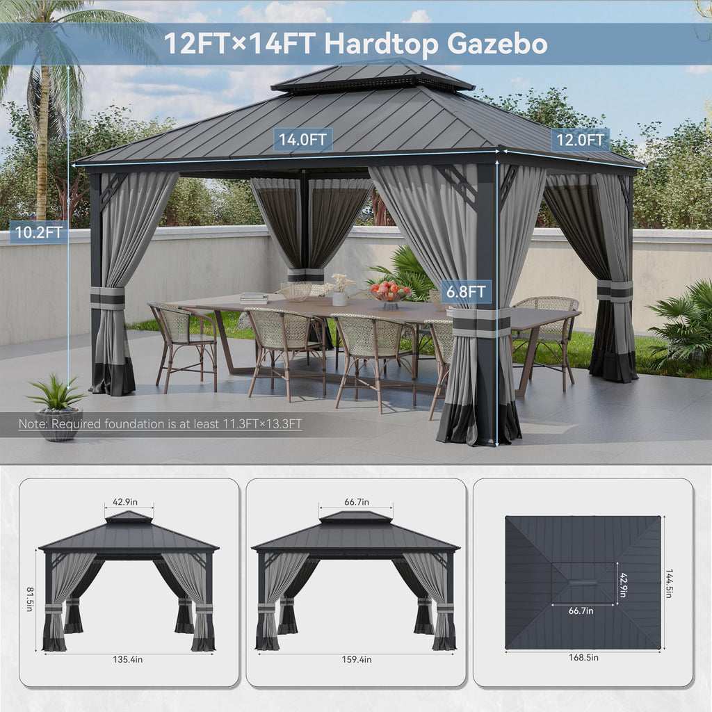 Gotland 12' x 14' Hardtop Gazebo, Outdoor Galvanized Steel Double-Roof Gazebo with Curtains and Netting for Patios, Gardens, and Lawns