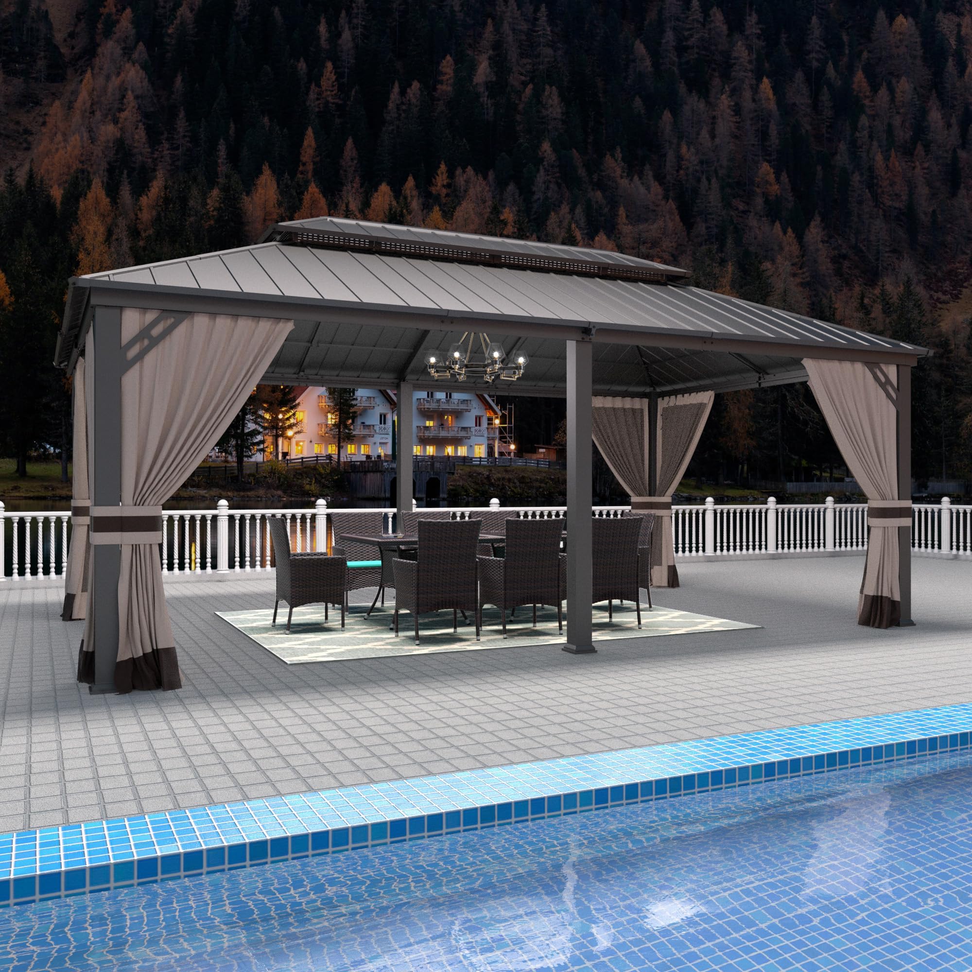 Gotland 12' x 20' Hardtop Gazebo, Outdoor Galvanized Steel Double-Roof Gazebo with Curtains and Netting for Patios, Gardens, and Lawns