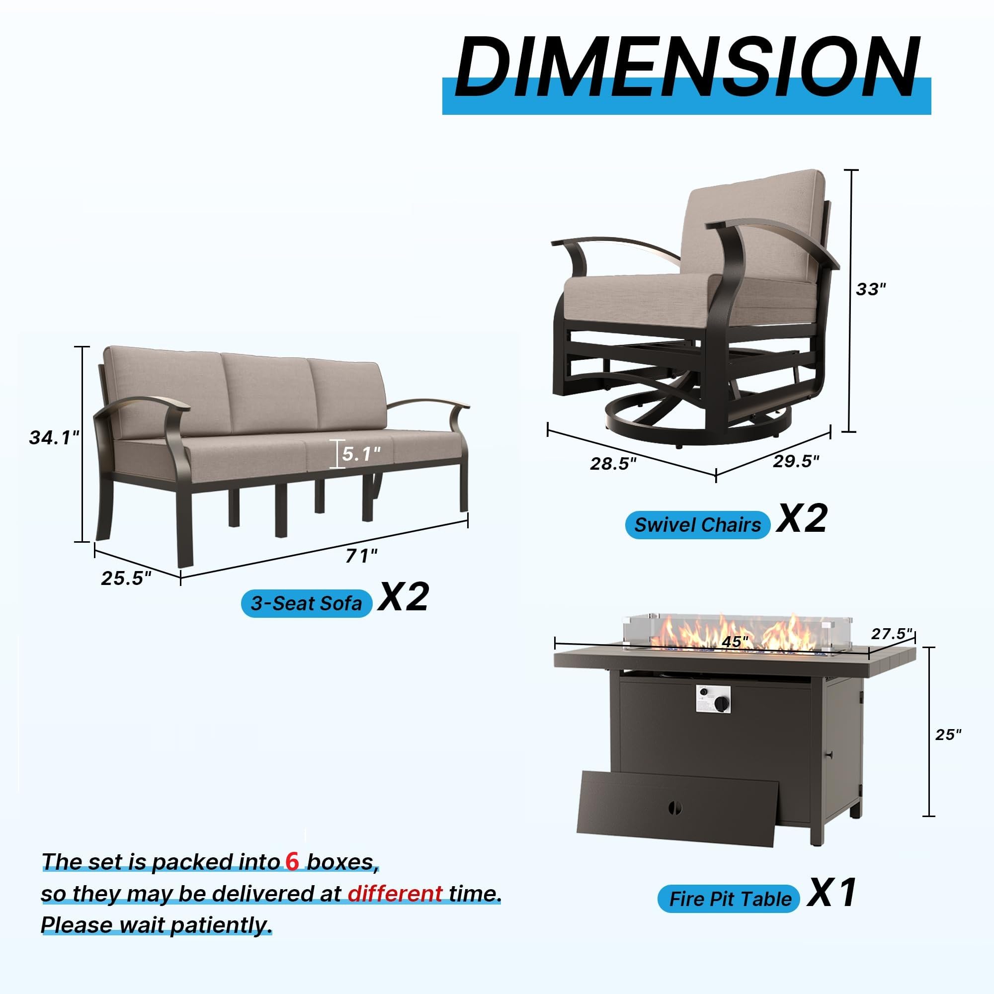 Gotland 8 Seats Outdoor Metal Patio Furniture Set with 2 Swivel Rocking Chairs&55,000 BTU Gas Fire Pit Table w/Glass Wind Guard Patio Conversation Sectional Sofa Sets