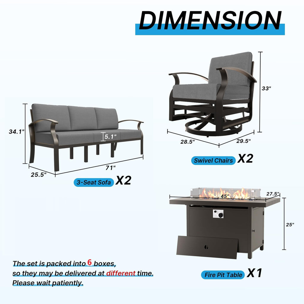 Gotland 8 Seats Outdoor Metal Patio Furniture Set with 2 Swivel Rocking Chairs&55,000 BTU Gas Fire Pit Table w/Glass Wind Guard Patio Conversation Sectional Sofa Sets