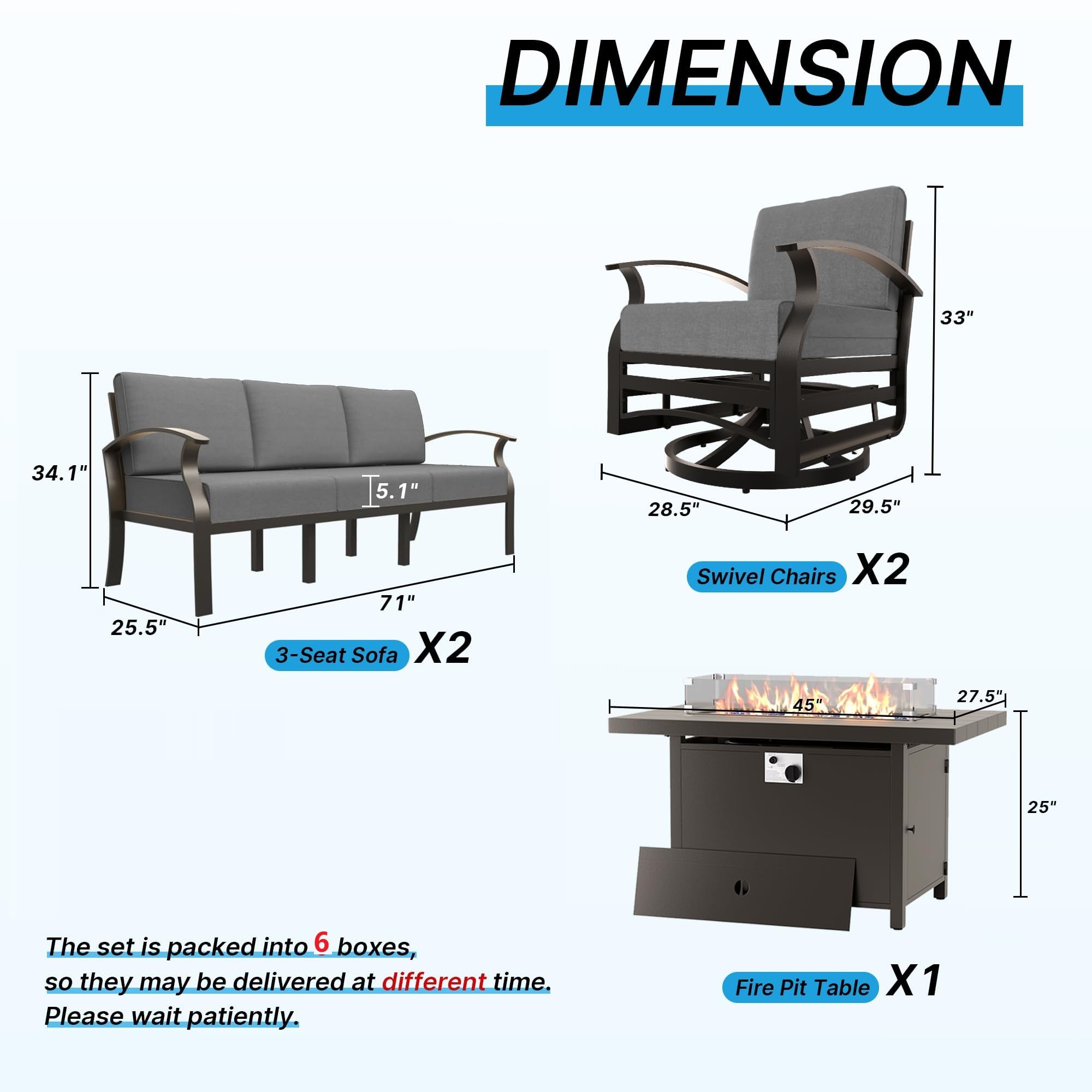 Gotland 8 Seats Outdoor Metal Patio Furniture Set with 2 Swivel Rocking Chairs&55,000 BTU Gas Fire Pit Table w/Glass Wind Guard Patio Conversation Sectional Sofa Sets