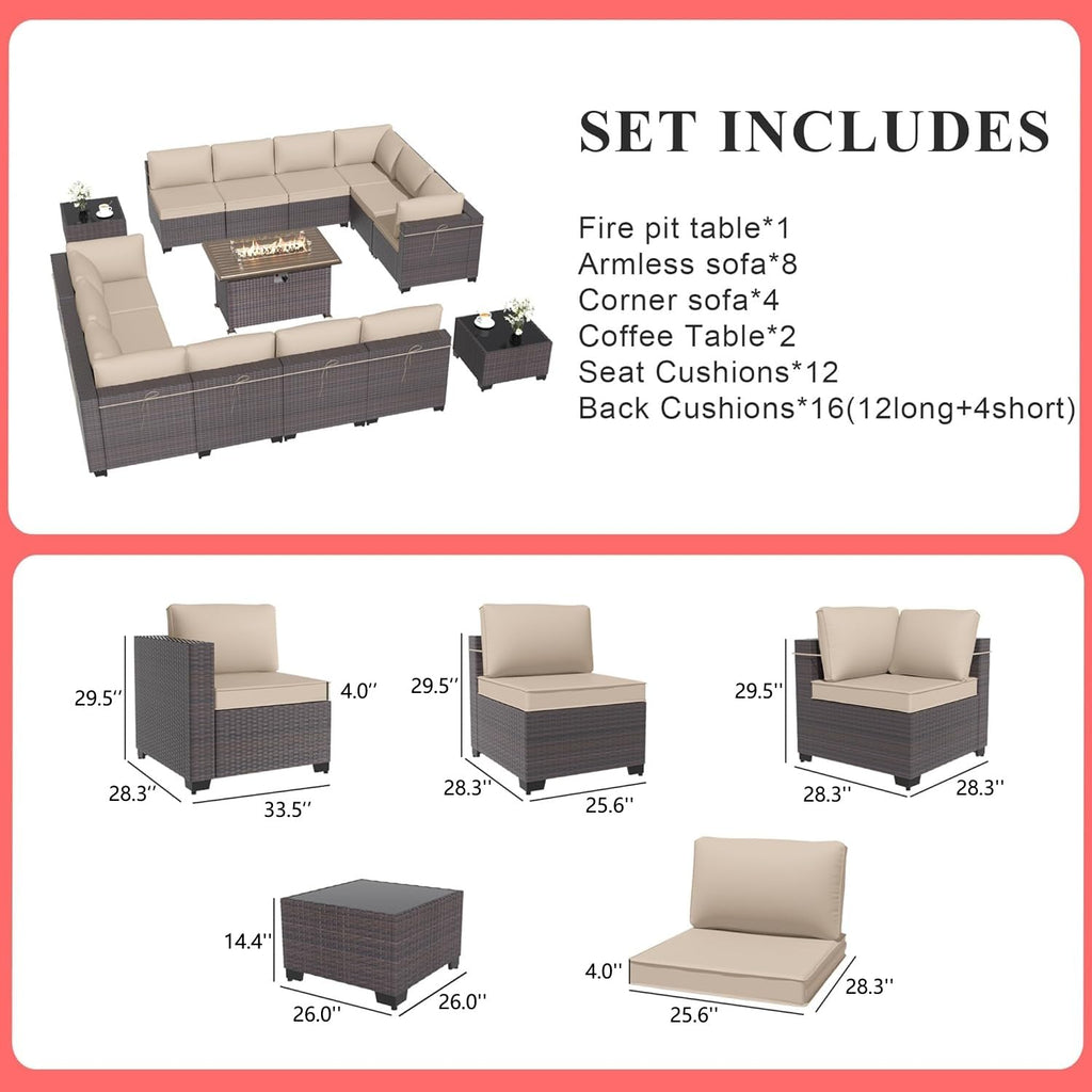 Gotland 15 Pieces Outdoor Patio Furniture Set with Propane Fire Pit Table Outdoor Sectional Sofa