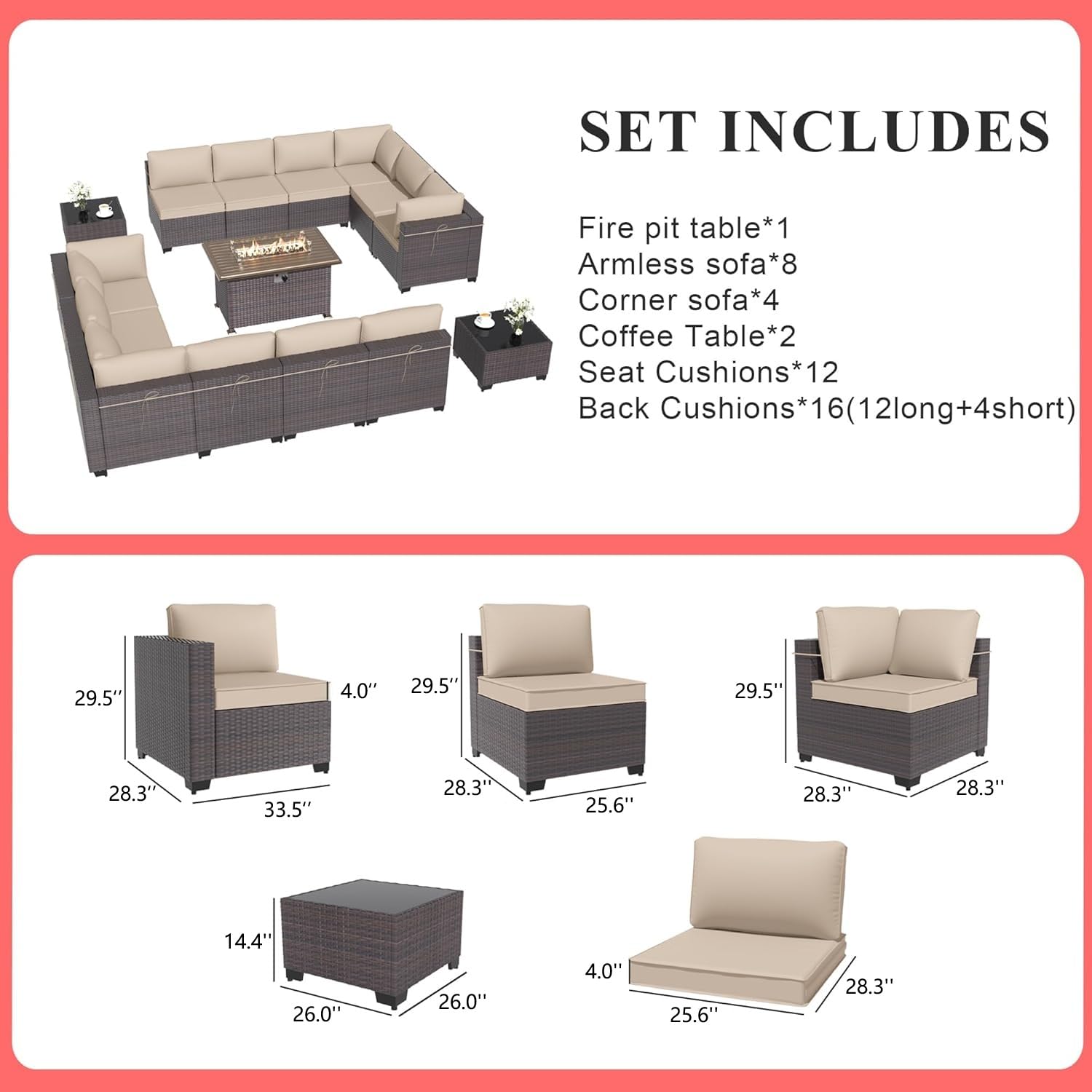 Gotland 15 Pieces Outdoor Patio Furniture Set with Propane Fire Pit Table Outdoor Sectional Sofa