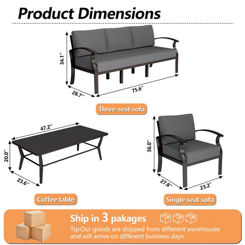 Kullavik Modern Aluminum 5-Seater Outdoor Patio Sofa Set with 5.1" Thick Cushions & Coffee Table - All-Weather Sectional for Backyard, Porch Furniture Set, Outdoor Patio Furniture