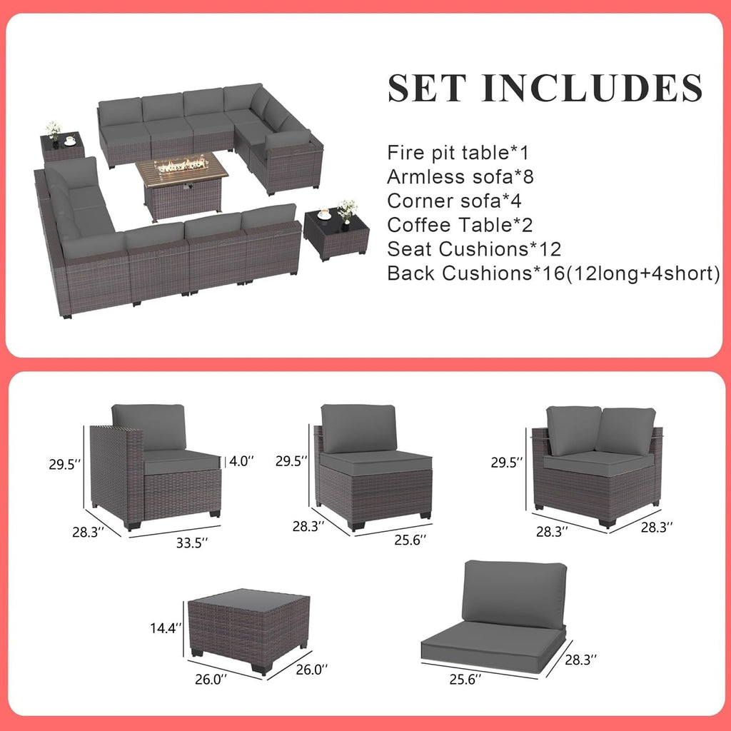 Gotland 15 Pieces Outdoor Patio Furniture Set with Propane Fire Pit Table Outdoor Sectional Sofa