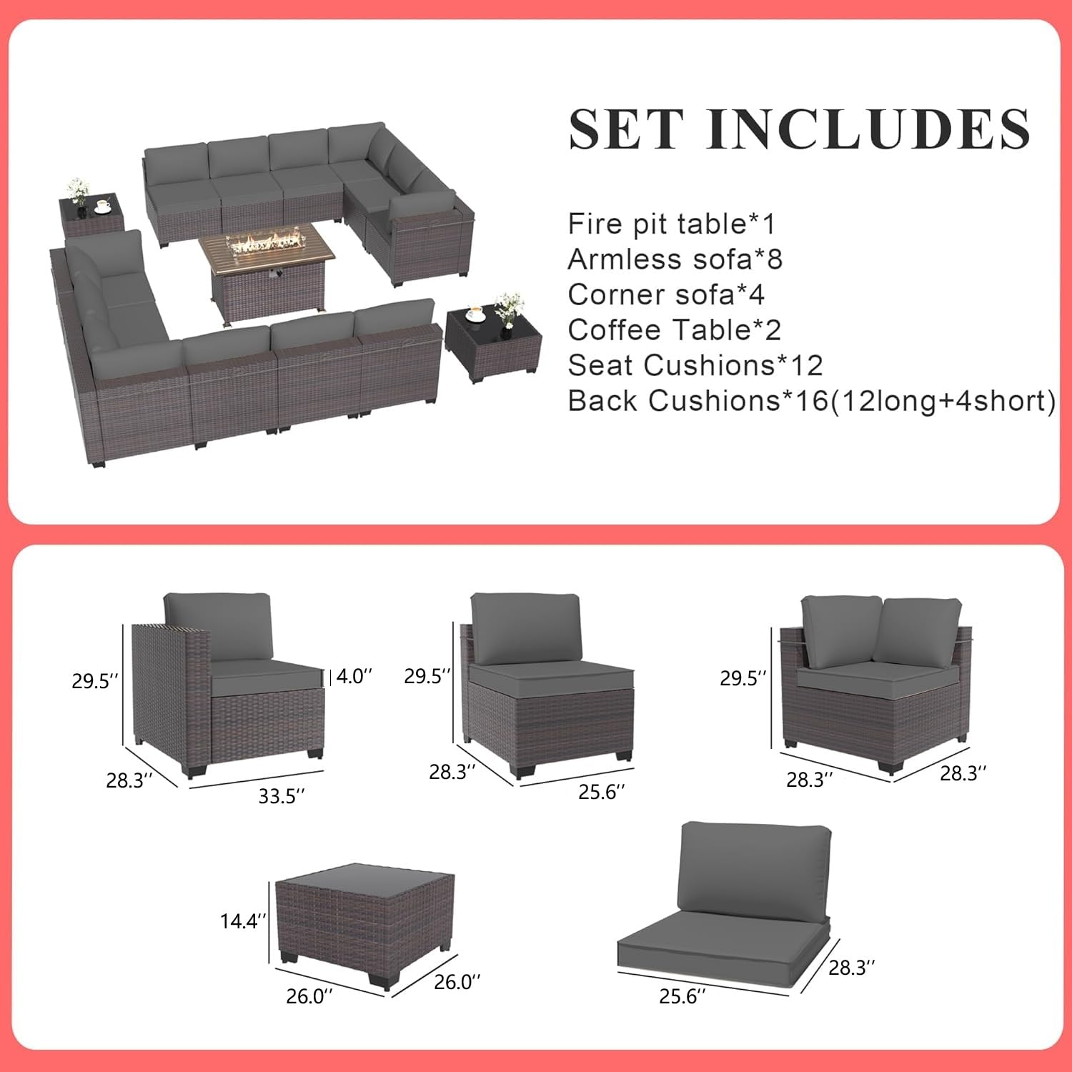 Gotland 15 Pieces Outdoor Patio Furniture Set with Propane Fire Pit Table Outdoor Sectional Sofa