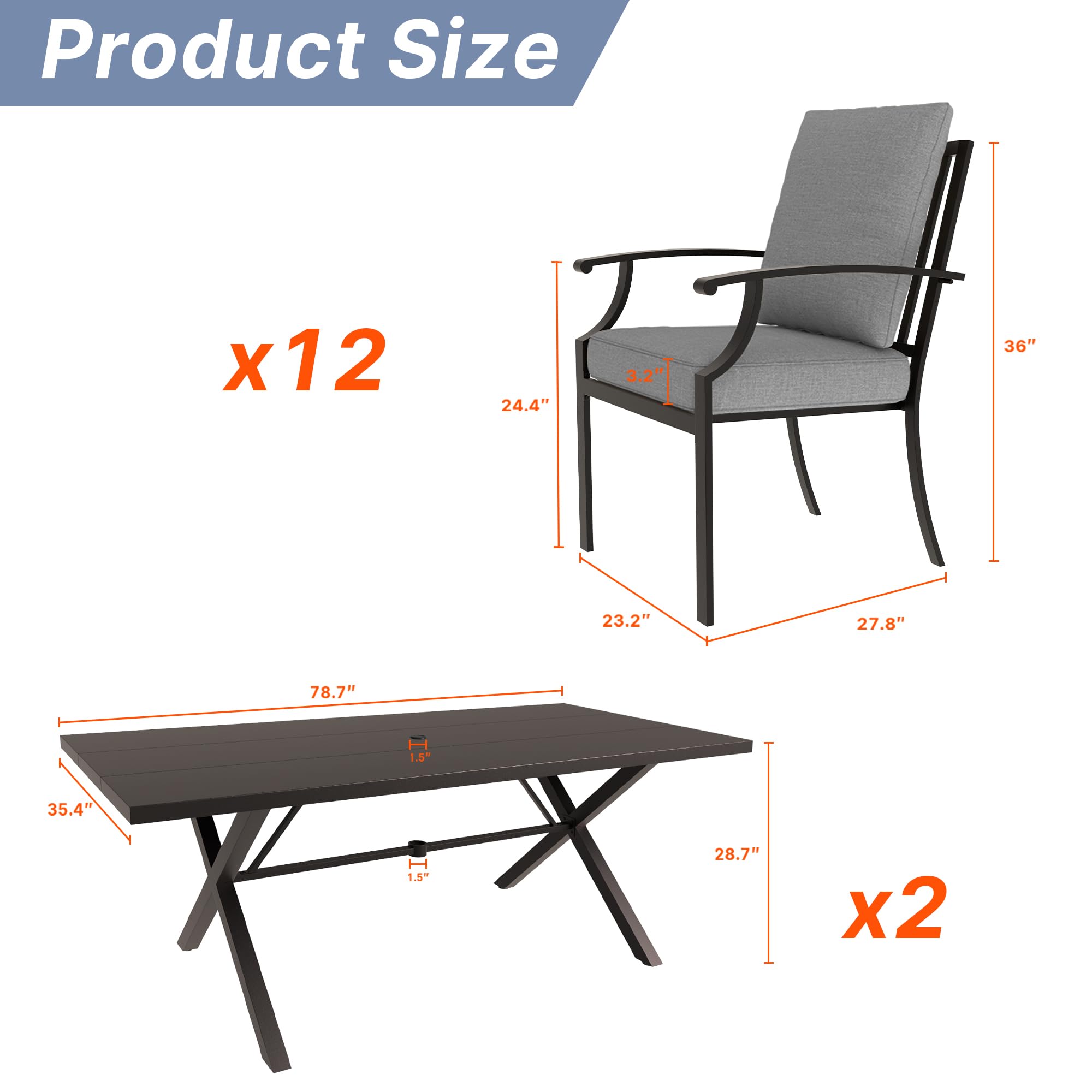 Gotland 14 Piece Outdoor Dining Set, Metal Outdoor Table and Chairs with X-Shaped Legs 1.5" Umbrella Hole, Patio Furniture Set with Waterproof Cushions,for Backyard Deck