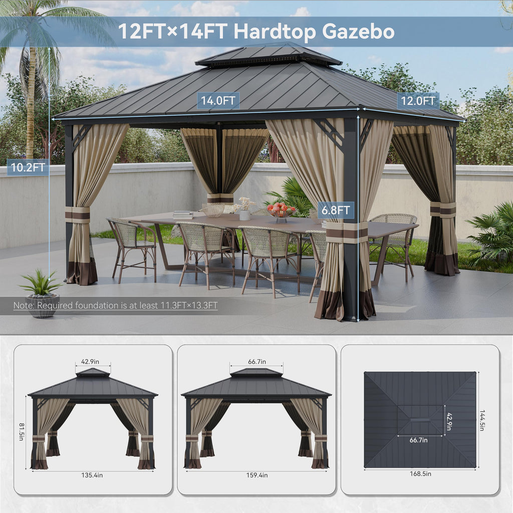 Gotland 12' x 14' Hardtop Gazebo, Outdoor Galvanized Steel Double-Roof Gazebo with Curtains and Netting for Patios, Gardens, and Lawns