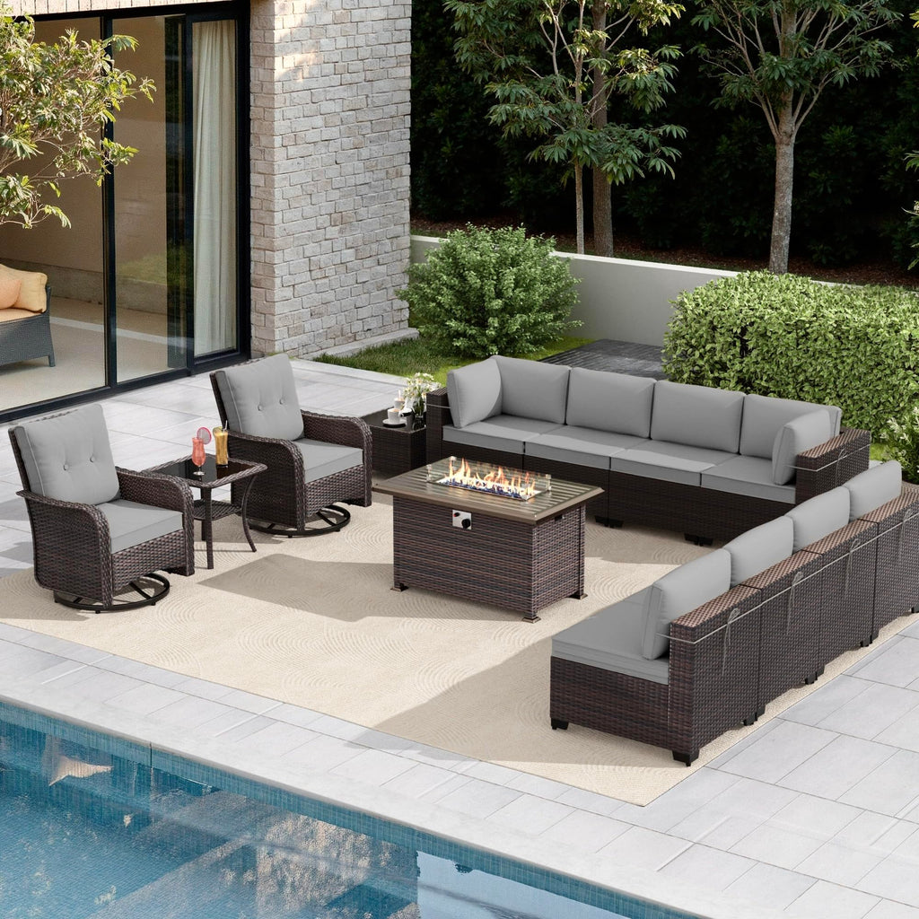 Gotland 13PCS Outdoor PE Rattan Wicker Patio Furniture Set with 43" Fire Pit Table & Swivel Rocking Chairs Set