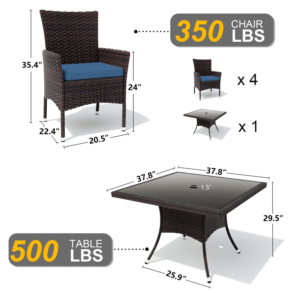 Gotland Outdoor Dining Table Set, Garden Patio Rattan Set with w/Tempered Glass Tabletop with Removable Cushions and Umbrella Cutout for Patio, Backyard