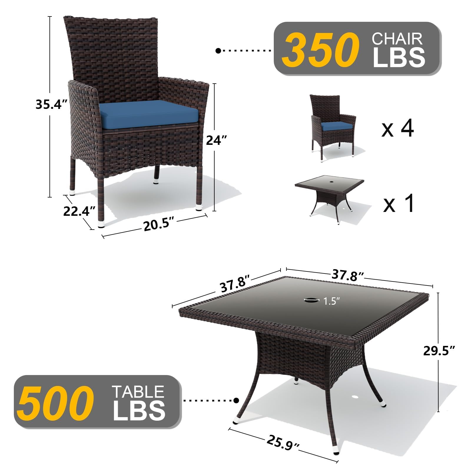 Gotland Outdoor Dining Table Set, Garden Patio Rattan Set with w/Tempered Glass Tabletop with Removable Cushions and Umbrella Cutout for Patio, Backyard
