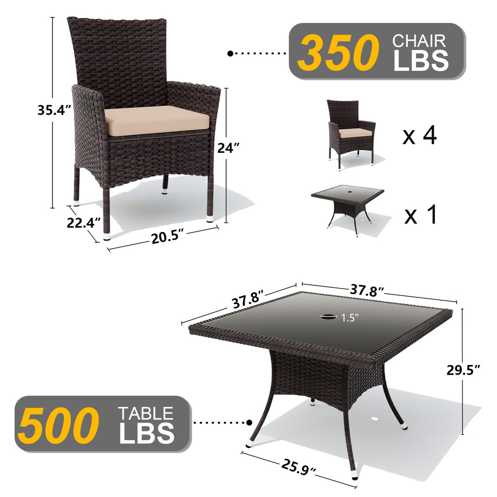 Kullavik 5-Piece Patio Outdoor Dining Set, Wicker Patio Furniture Set of 4 Rattan Chairs with Soft Cushions and Square Table with Umbrella Cutout