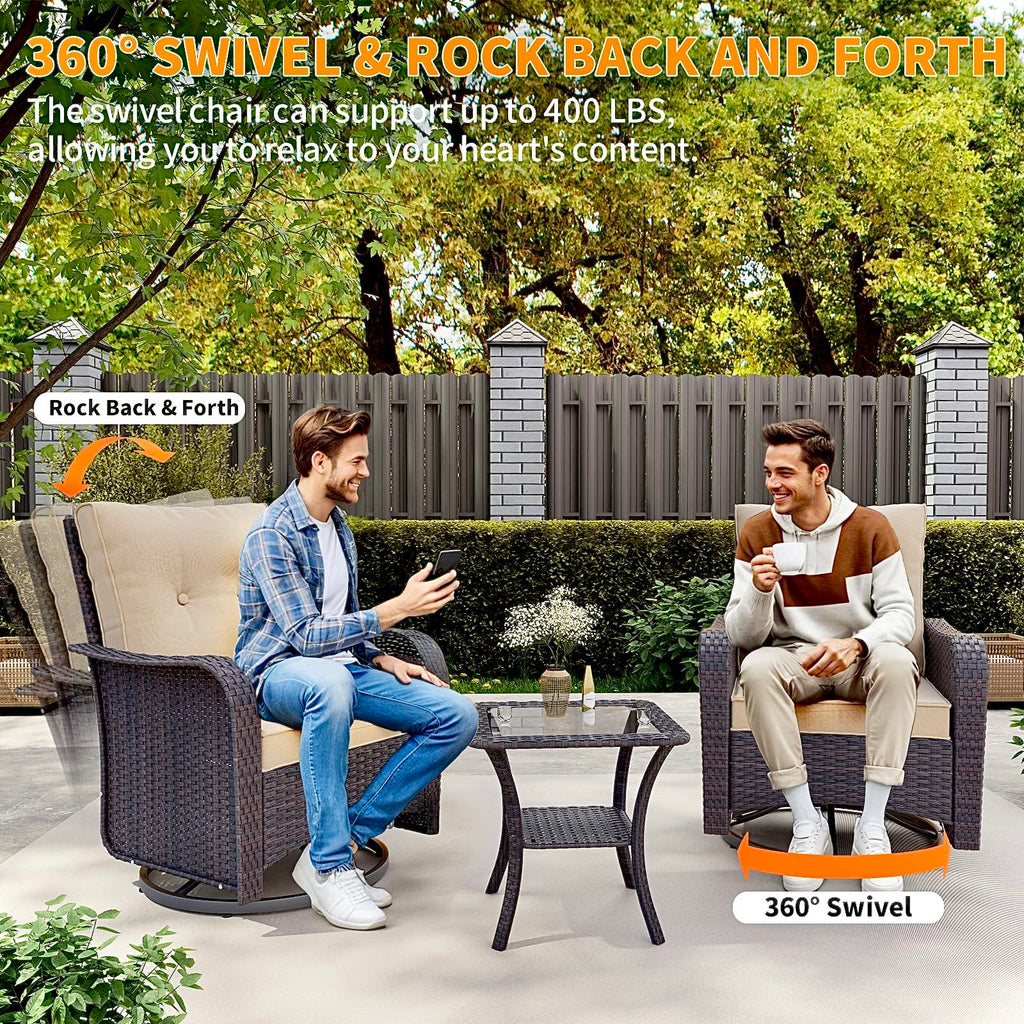 Gotland 10PCS Outdoor PE Rattan Wicker Patio Furniture Set with 43" Fire Pit Table & Swivel Rocking Chairs Set