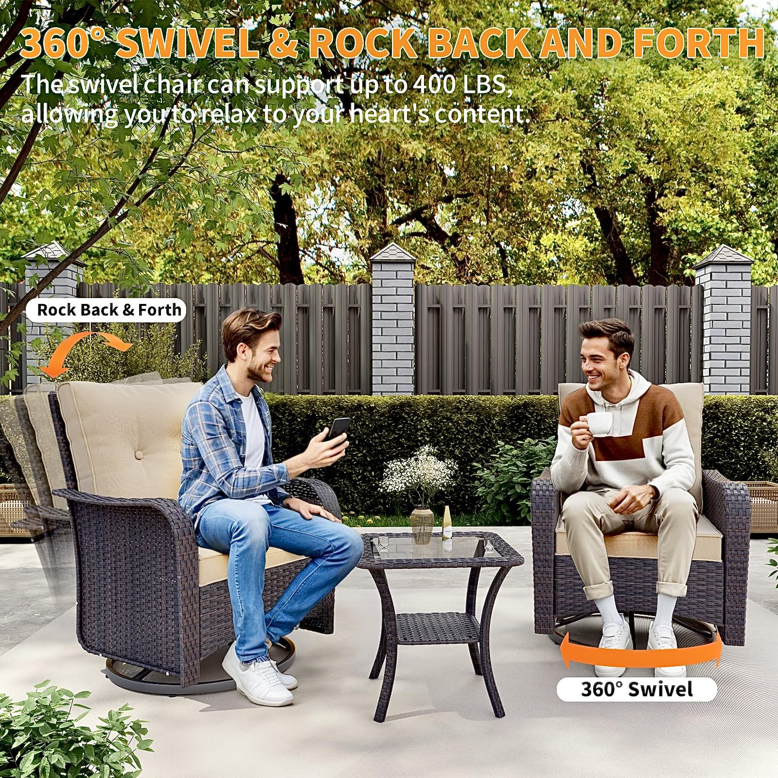 Gotland 10PCS Outdoor PE Rattan Wicker Patio Furniture Set with 43" Fire Pit Table & Swivel Rocking Chairs Set