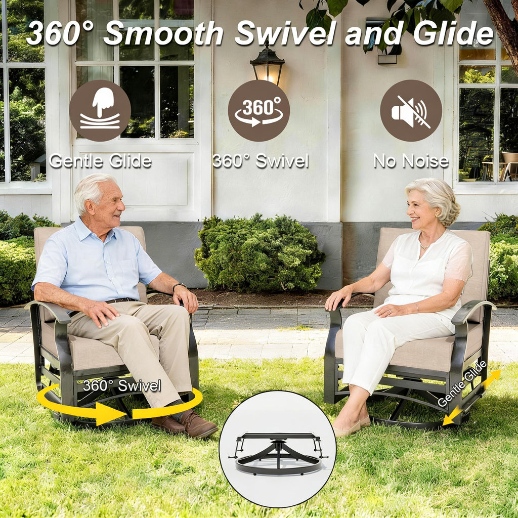 Gotland 8 Seats Outdoor Metal Patio Furniture Set with 2 Swivel Rocking Chairs&55,000 BTU Gas Fire Pit Table w/Glass Wind Guard Patio Conversation Sectional Sofa Sets