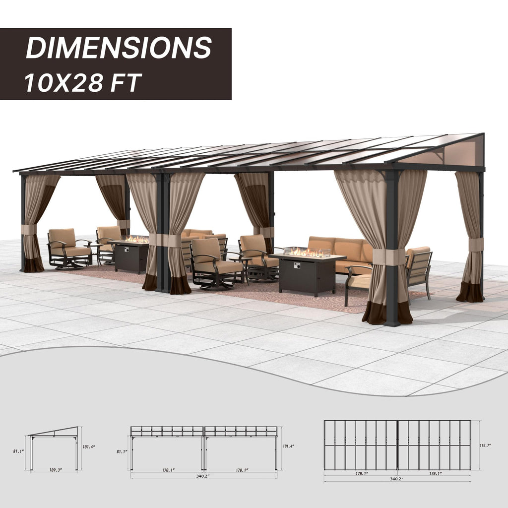 Gotland 10' × 28' Hardtop Gazebo for Patio,Wall-Mounted Lean to Gazebo Pergola with Sloping Roof and Durable Steel Frame,Large Heavy Duty Awnings for Decks,Backyard