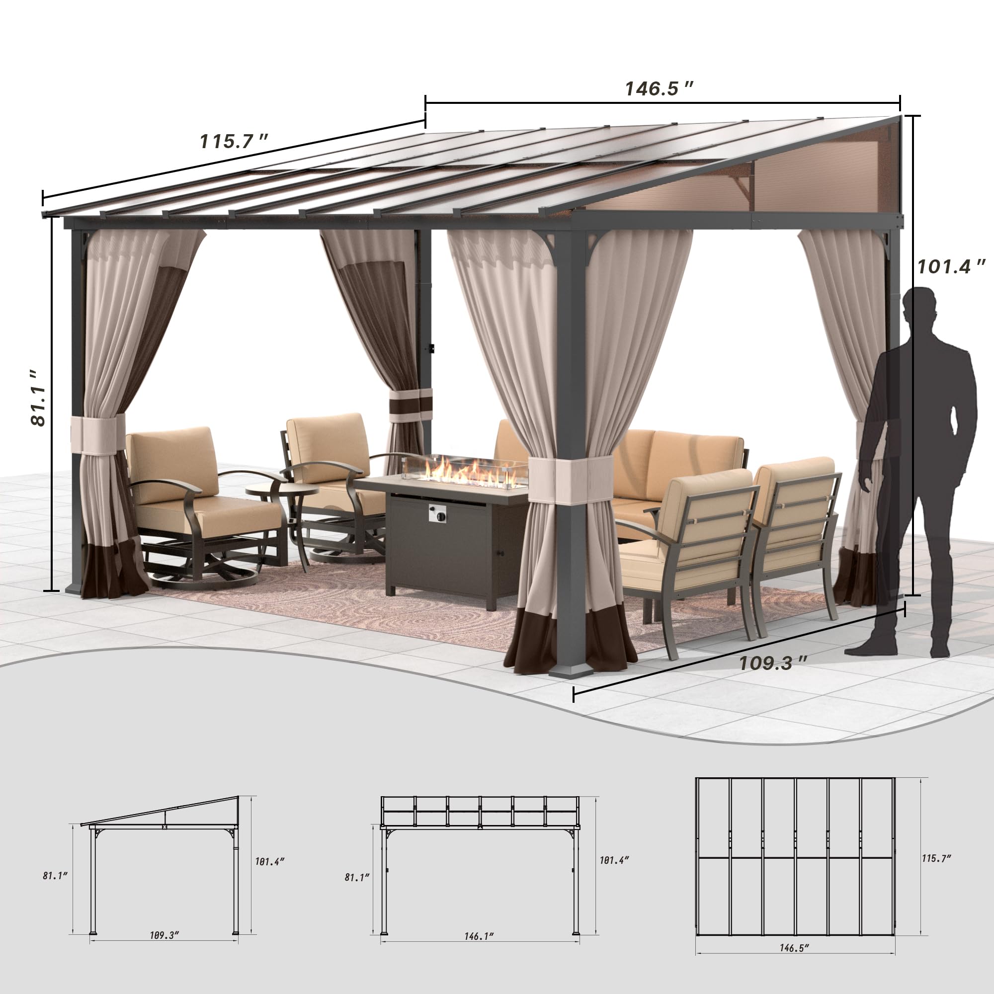Gotland 10' × 12' Hardtop Gazebo for Patio,Wall-Mounted Lean to Gazebo Pergola with Sloping Roof and Durable Steel Frame,Large Heavy Duty Awnings for Decks,Backyard