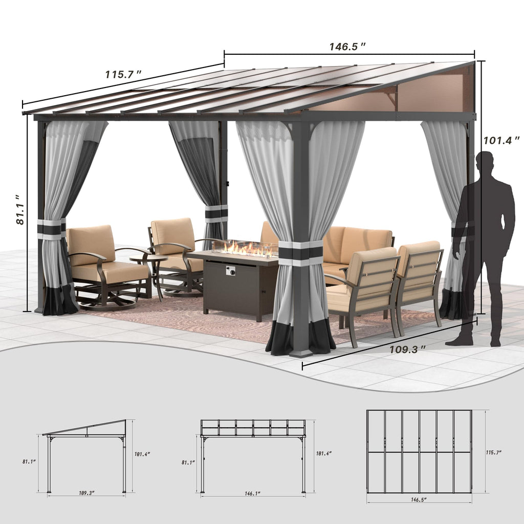 Gotland 10' × 12' Hardtop Gazebo for Patio,Wall-Mounted Lean to Gazebo Pergola with Sloping Roof and Durable Steel Frame,Large Heavy Duty Awnings for Decks,Backyard