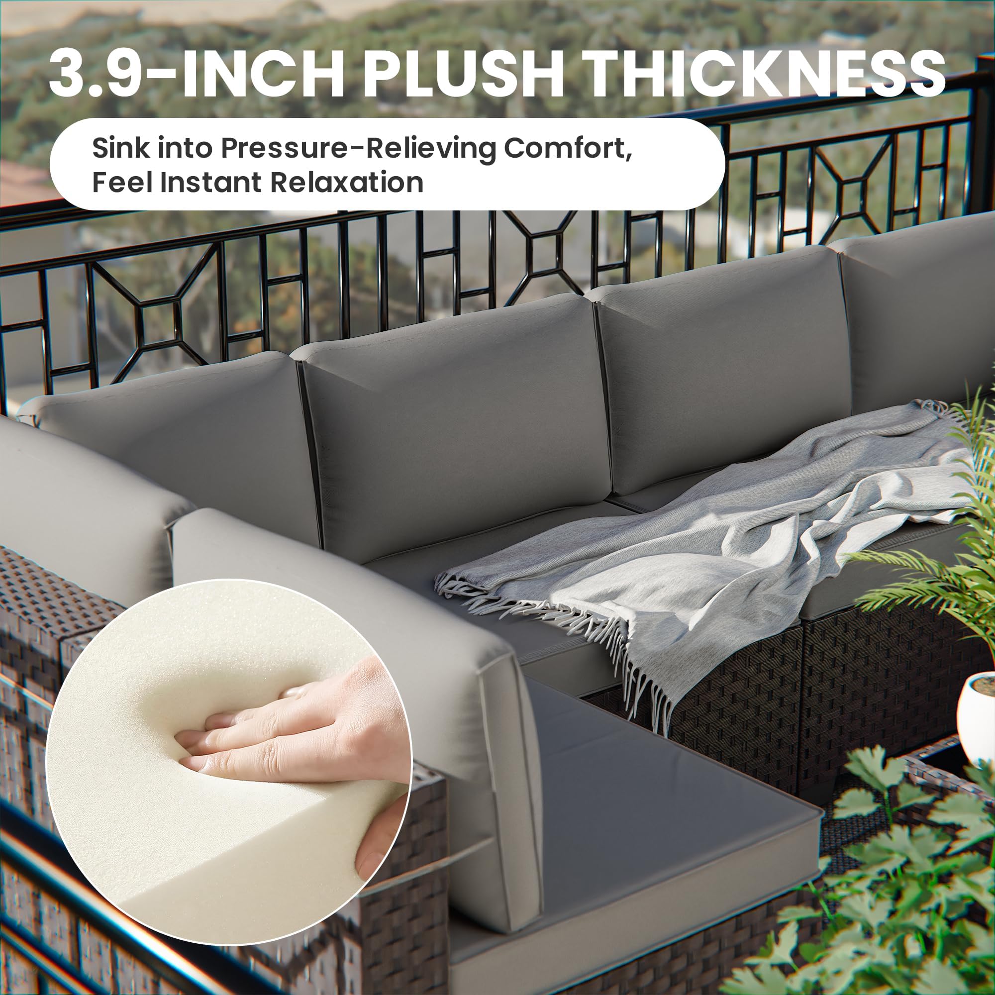 Gotland 10 Pieces Outdoor Patio Furniture Set, Outdoor Sectional Furniture with 43" 55000 BTU Gas Propane Fire Pit Table, All Weather PE Rattan Wicker Patio Conversation Set with 2 Ottomans