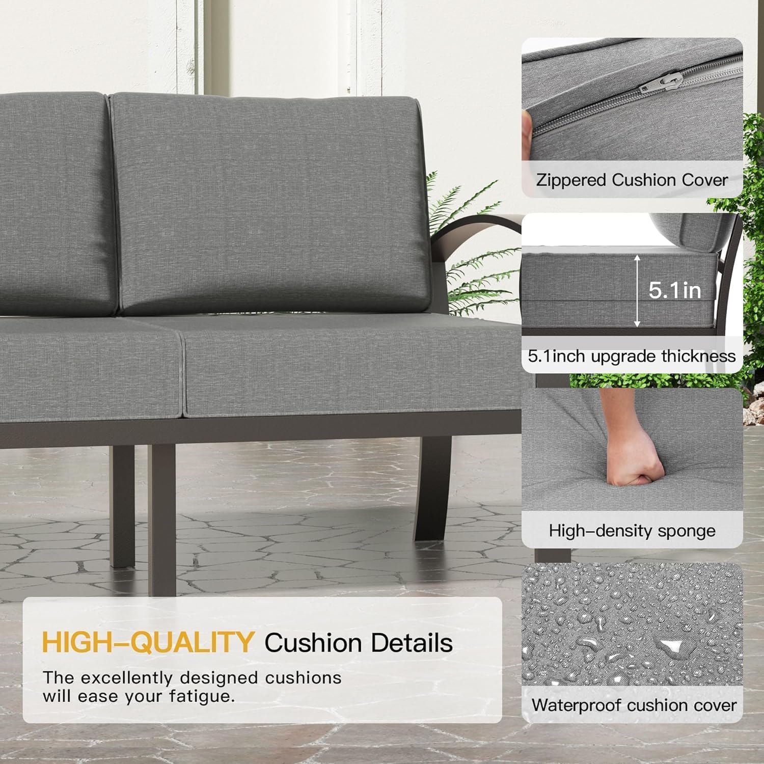 Kullavik Modern Aluminum 5-Seater Outdoor Patio Sofa Set with 5.1" Thick Cushions & Coffee Table - All-Weather Sectional for Backyard, Porch Furniture Set, Outdoor Patio Furniture