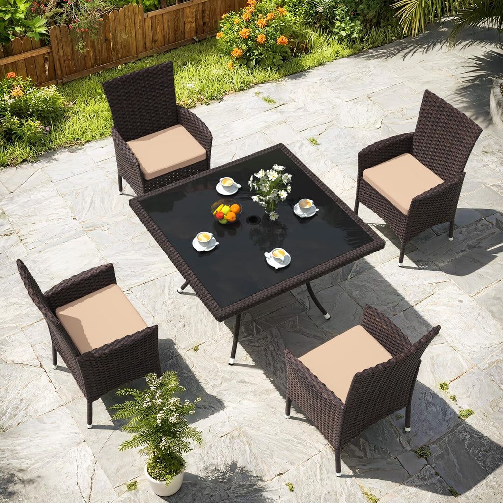 Gotland Outdoor Dining Table Set, Garden Patio Rattan Set with w/Tempered Glass Tabletop with Removable Cushions and Umbrella Cutout for Patio, Backyard