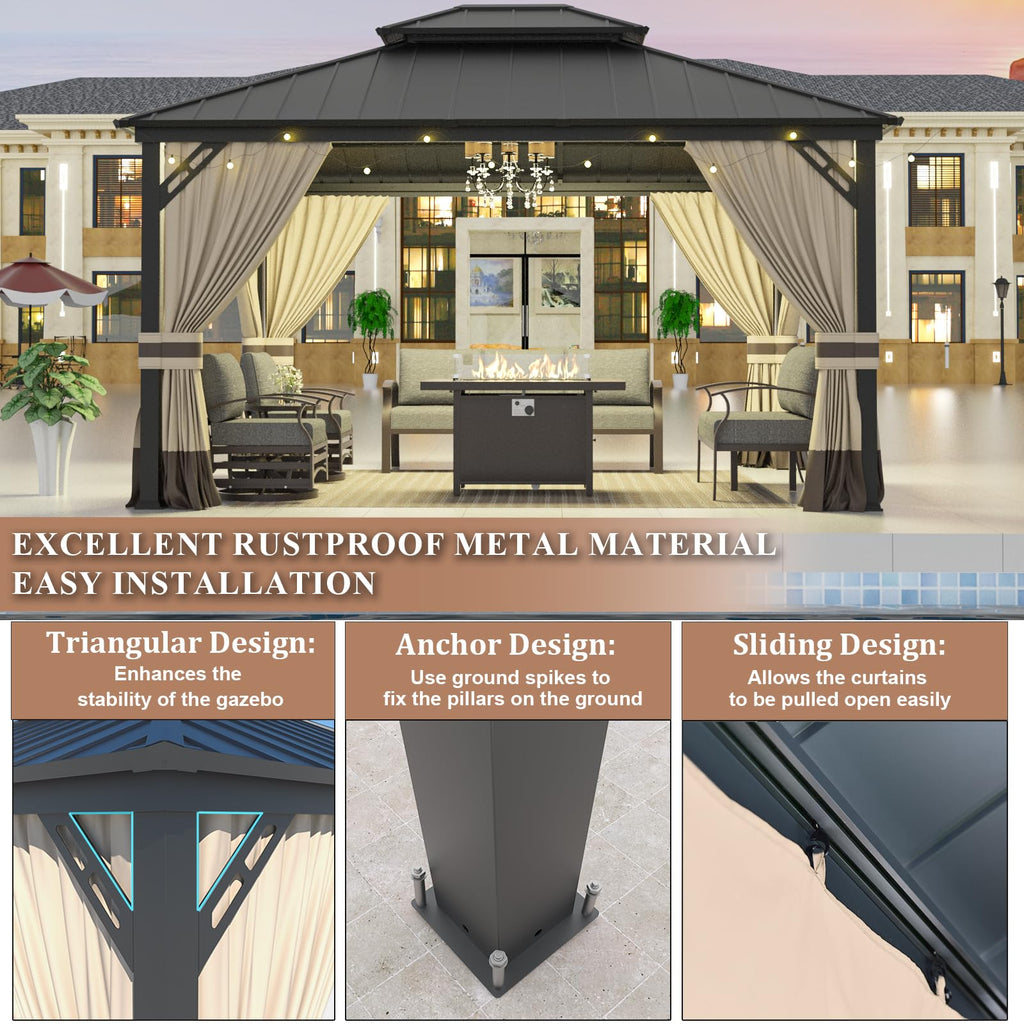 Gotland 12' x 14' Hardtop Gazebo, Outdoor Galvanized Steel Double-Roof Gazebo with Curtains and Netting for Patios, Gardens, and Lawns