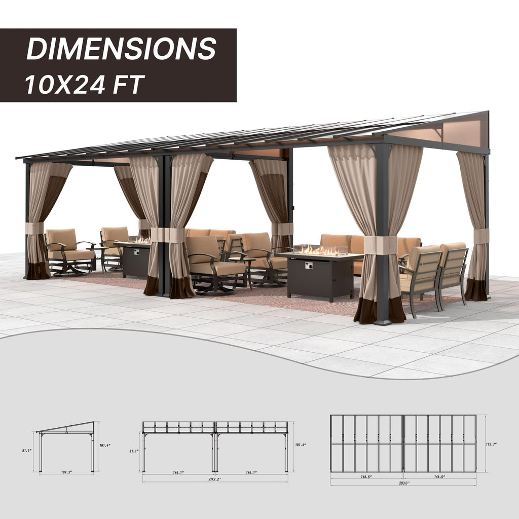 Gotland 10' × 24' Hardtop Gazebo for Patio,Wall-Mounted Lean to Gazebo Pergola with Sloping Roof and Durable Steel Frame,Large Heavy Duty Awnings for Decks,Backyard