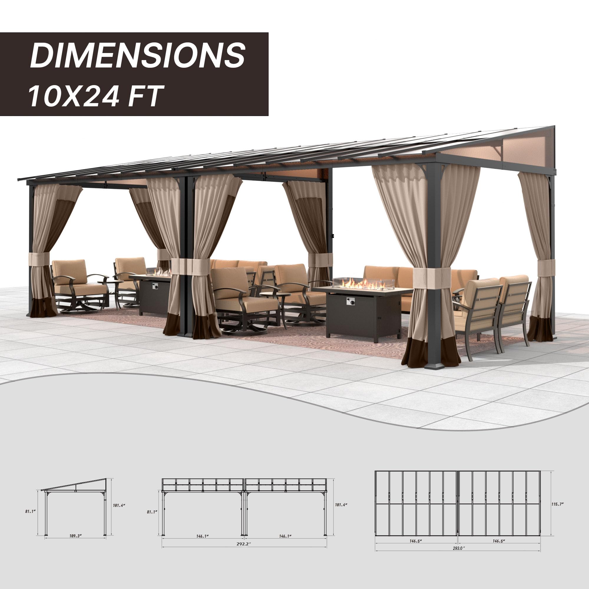 Gotland 10' × 24' Hardtop Gazebo for Patio,Wall-Mounted Lean to Gazebo Pergola with Sloping Roof and Durable Steel Frame,Large Heavy Duty Awnings for Decks,Backyard