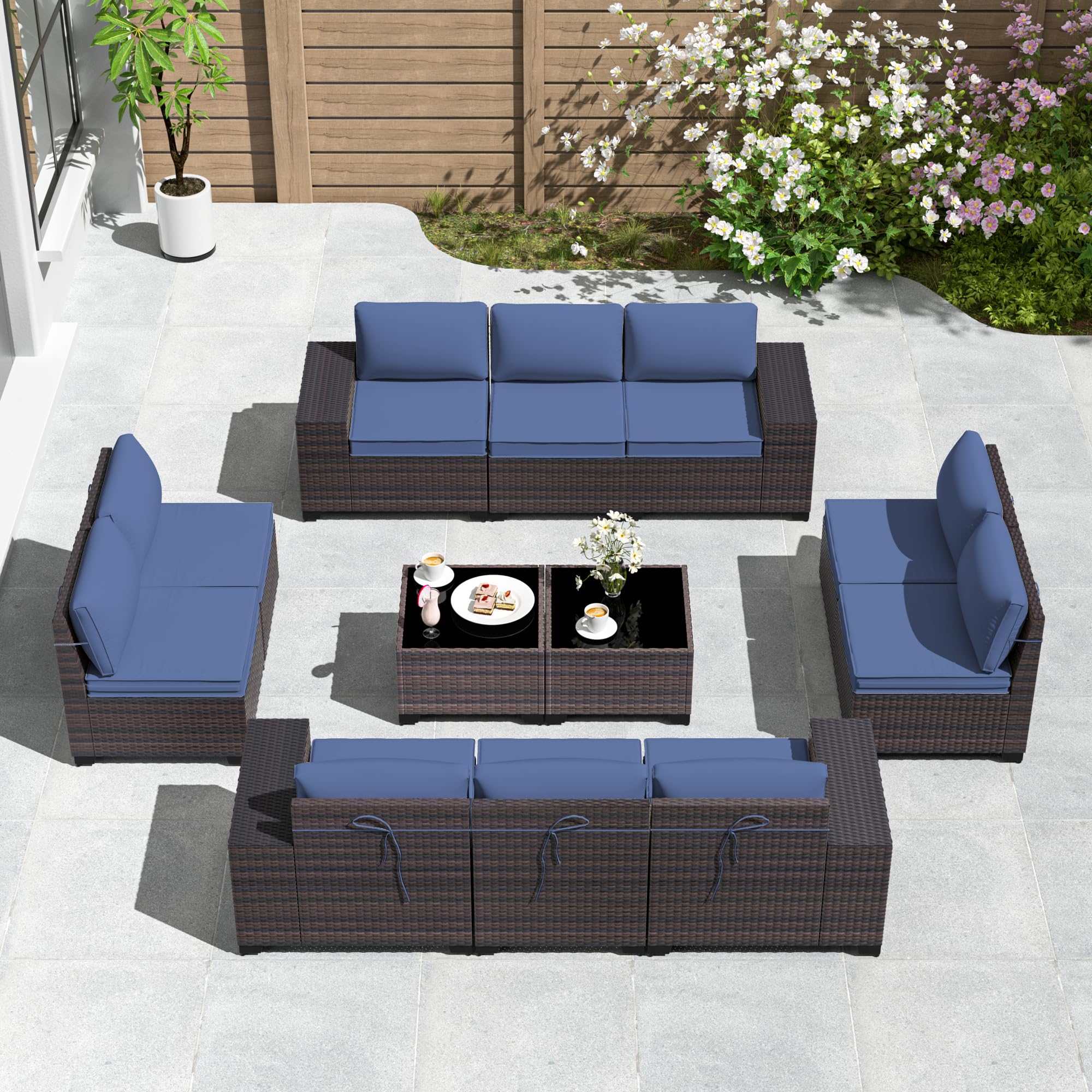 Gotland Outdoor Patio Furniture Sectional Conversation Set 12Pcs Rattan Wicker 10 Cushion Table