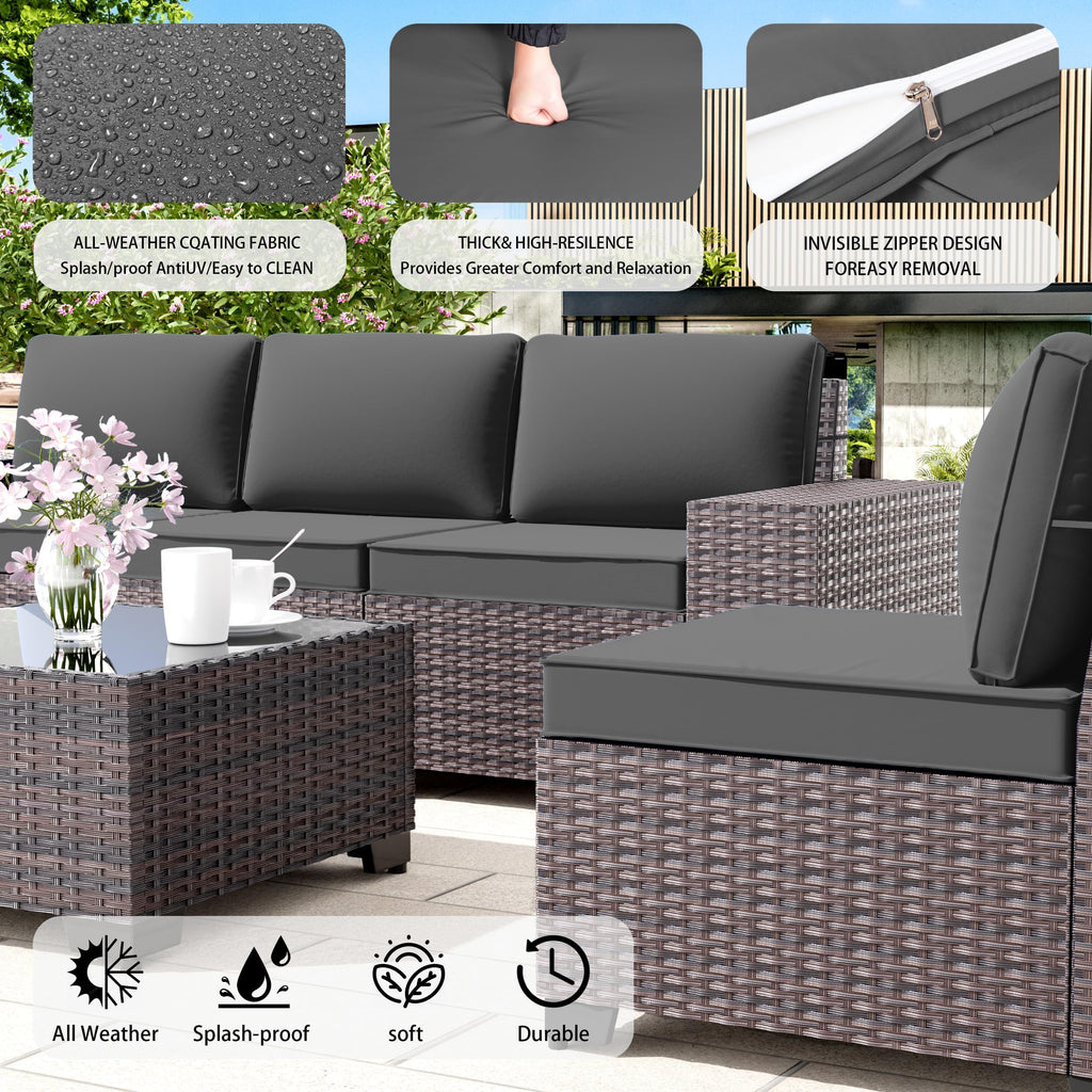 Gotland 8PCS Outdoor Patio Furniture Set, Outdoor Sectional Furniture All Weather PE Rattan Wicker Patio Conversation Set with 2 Ottomans and Coffee Table