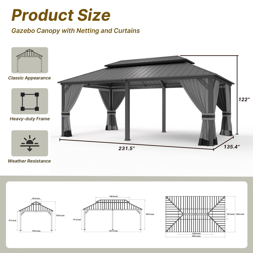 Gotland 12' x 20' Hardtop Gazebo, Outdoor Galvanized Steel Double-Roof Gazebo with Curtains and Netting for Patios, Gardens, and Lawns