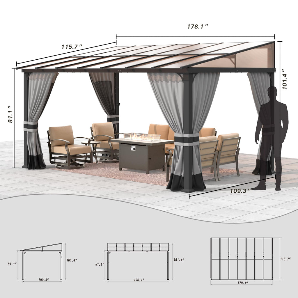 Gotland 10' × 14' Hardtop Gazebo for Patio,Wall-Mounted Lean to Gazebo Pergola with Sloping Roof and Durable Steel Frame,Large Heavy Duty Awnings for Decks,Backyard