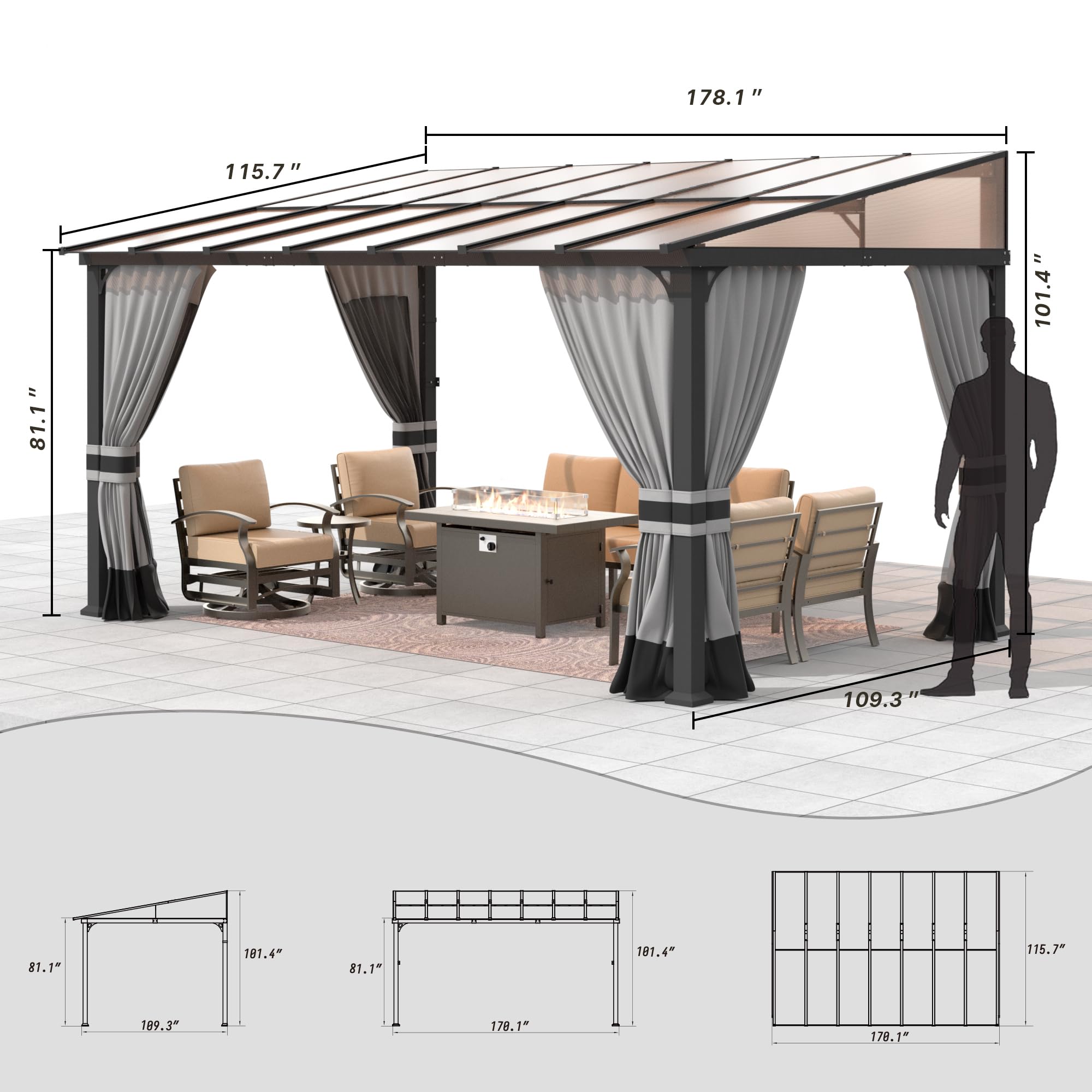 Gotland 10' × 14' Hardtop Gazebo for Patio,Wall-Mounted Lean to Gazebo Pergola with Sloping Roof and Durable Steel Frame,Large Heavy Duty Awnings for Decks,Backyard