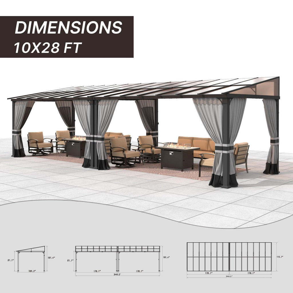 Gotland 10' × 28' Hardtop Gazebo for Patio,Wall-Mounted Lean to Gazebo Pergola with Sloping Roof and Durable Steel Frame,Large Heavy Duty Awnings for Decks,Backyard