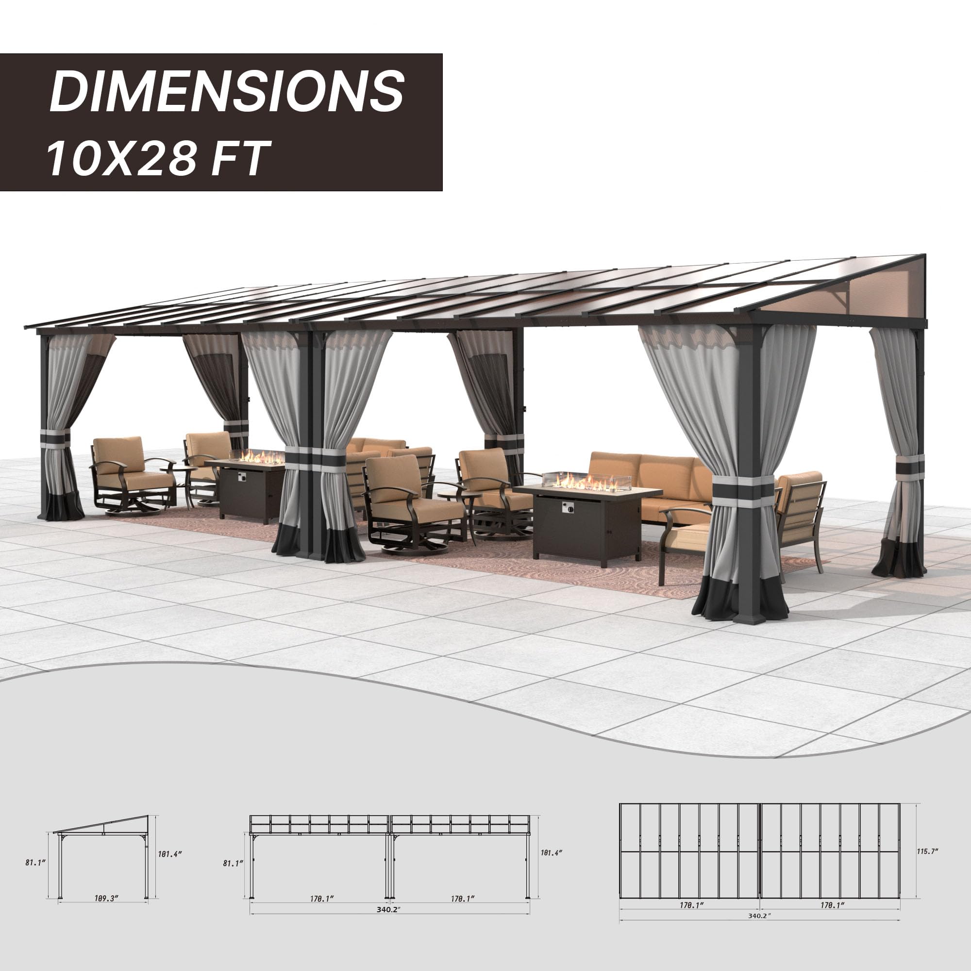 Gotland 10' × 28' Hardtop Gazebo for Patio,Wall-Mounted Lean to Gazebo Pergola with Sloping Roof and Durable Steel Frame,Large Heavy Duty Awnings for Decks,Backyard