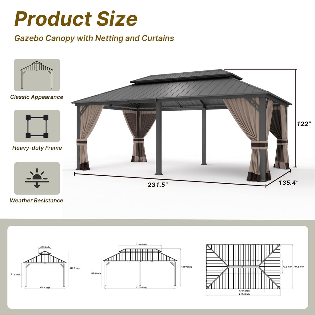 Gotland 12' x 20' Hardtop Gazebo, Outdoor Galvanized Steel Double-Roof Gazebo with Curtains and Netting for Patios, Gardens, and Lawns