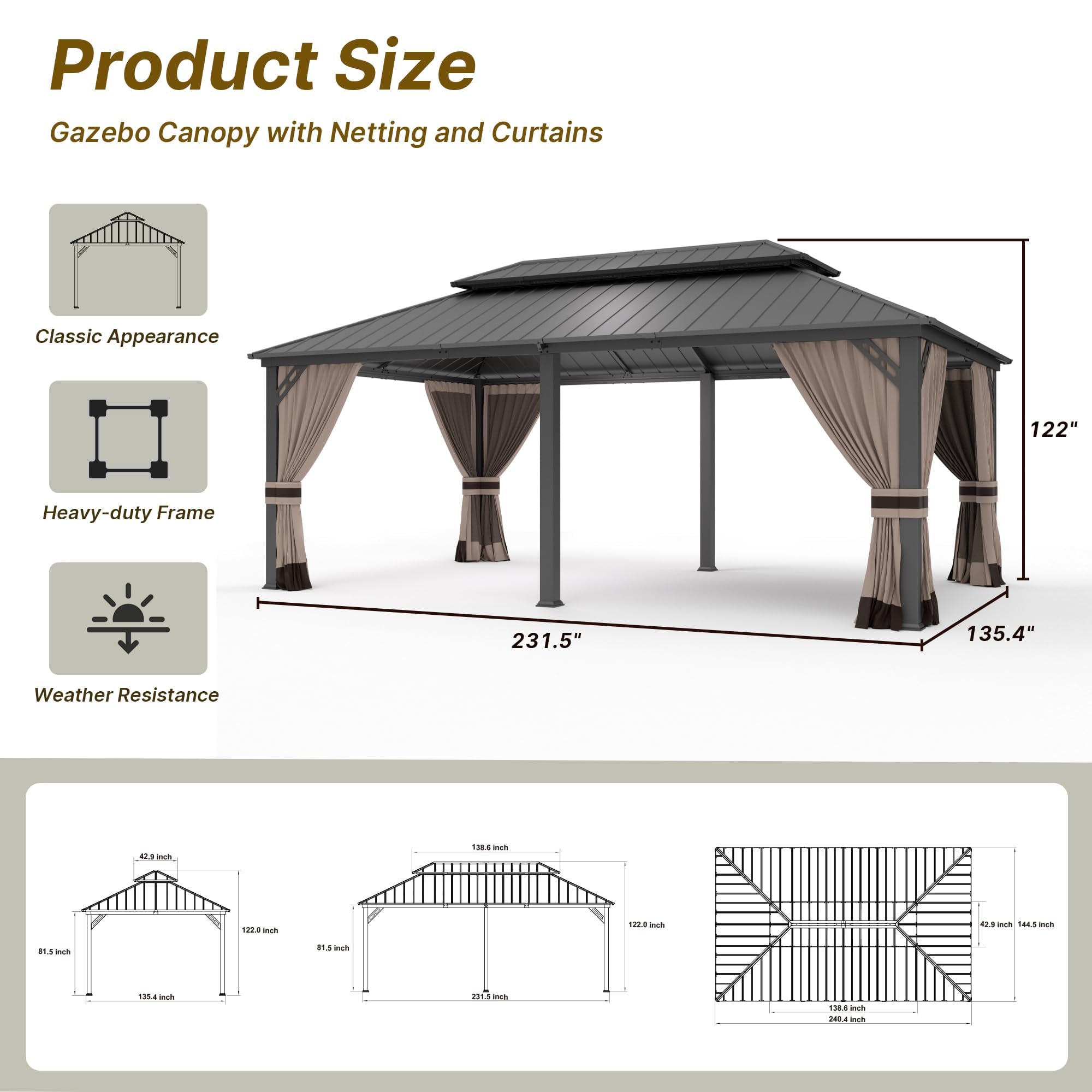 Gotland 12' x 20' Hardtop Gazebo, Outdoor Galvanized Steel Double-Roof Gazebo with Curtains and Netting for Patios, Gardens, and Lawns