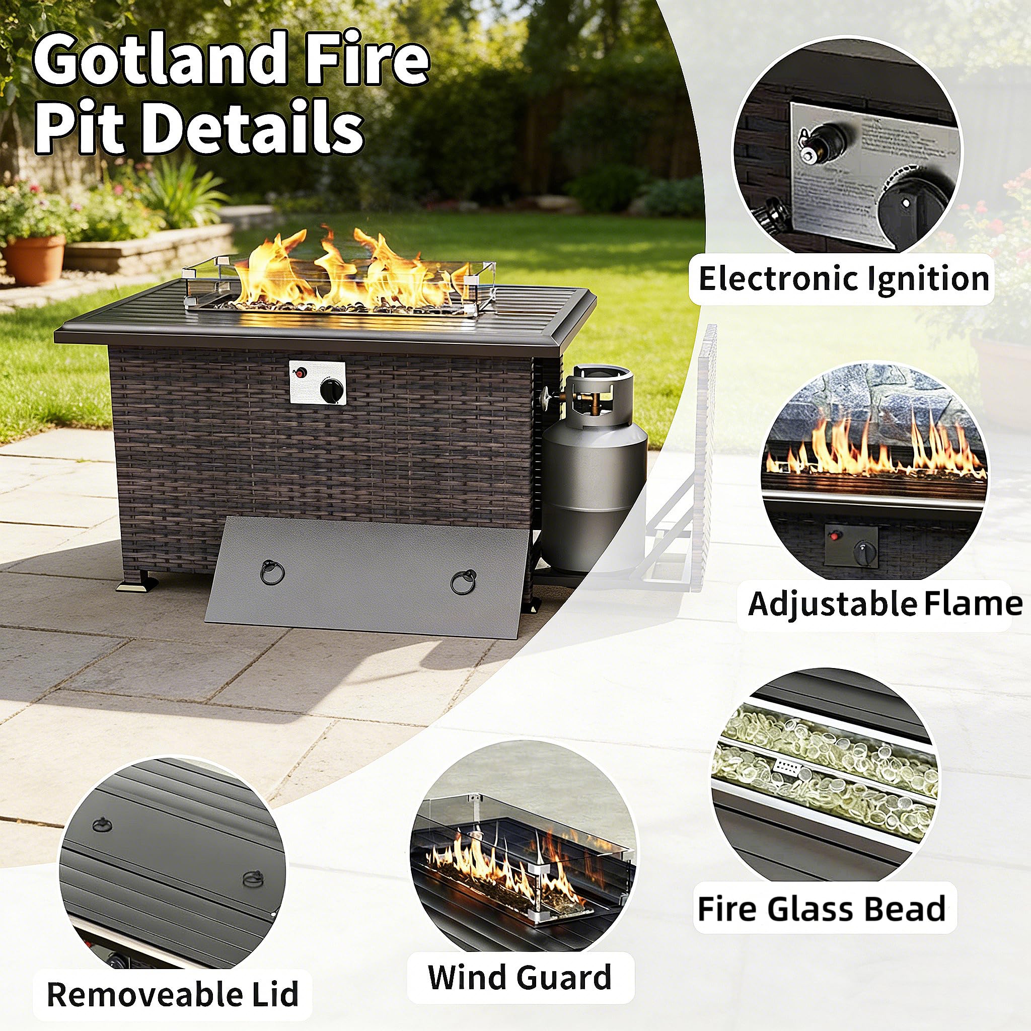 Gotland Outdoor Patio Furniture Set with 43" Propane Fire Pit Table, 7 Pieces Outdoor Furniture Patio Sectional Sofa Conversation Sets