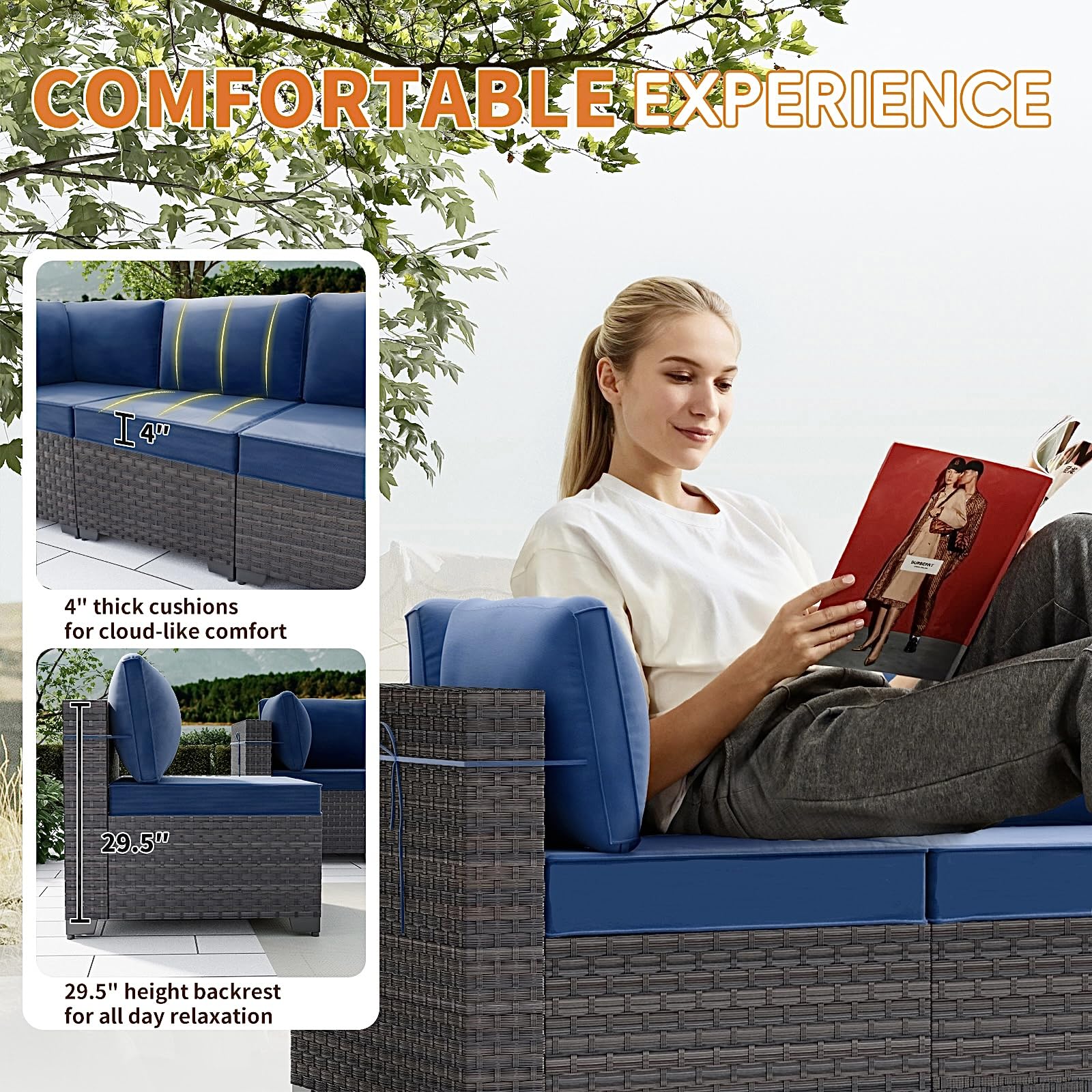Gotland 7 Piece Outdoor Patio Furniture Sets, Outdoor Furniture Patio Sectional Sofa, All Weather Woven Wicker Patio Sofa Brown PE Rattan Patio Conversation Set
