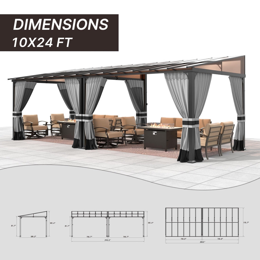 Gotland 10' × 24' Hardtop Gazebo for Patio,Wall-Mounted Lean to Gazebo Pergola with Sloping Roof and Durable Steel Frame,Large Heavy Duty Awnings for Decks,Backyard