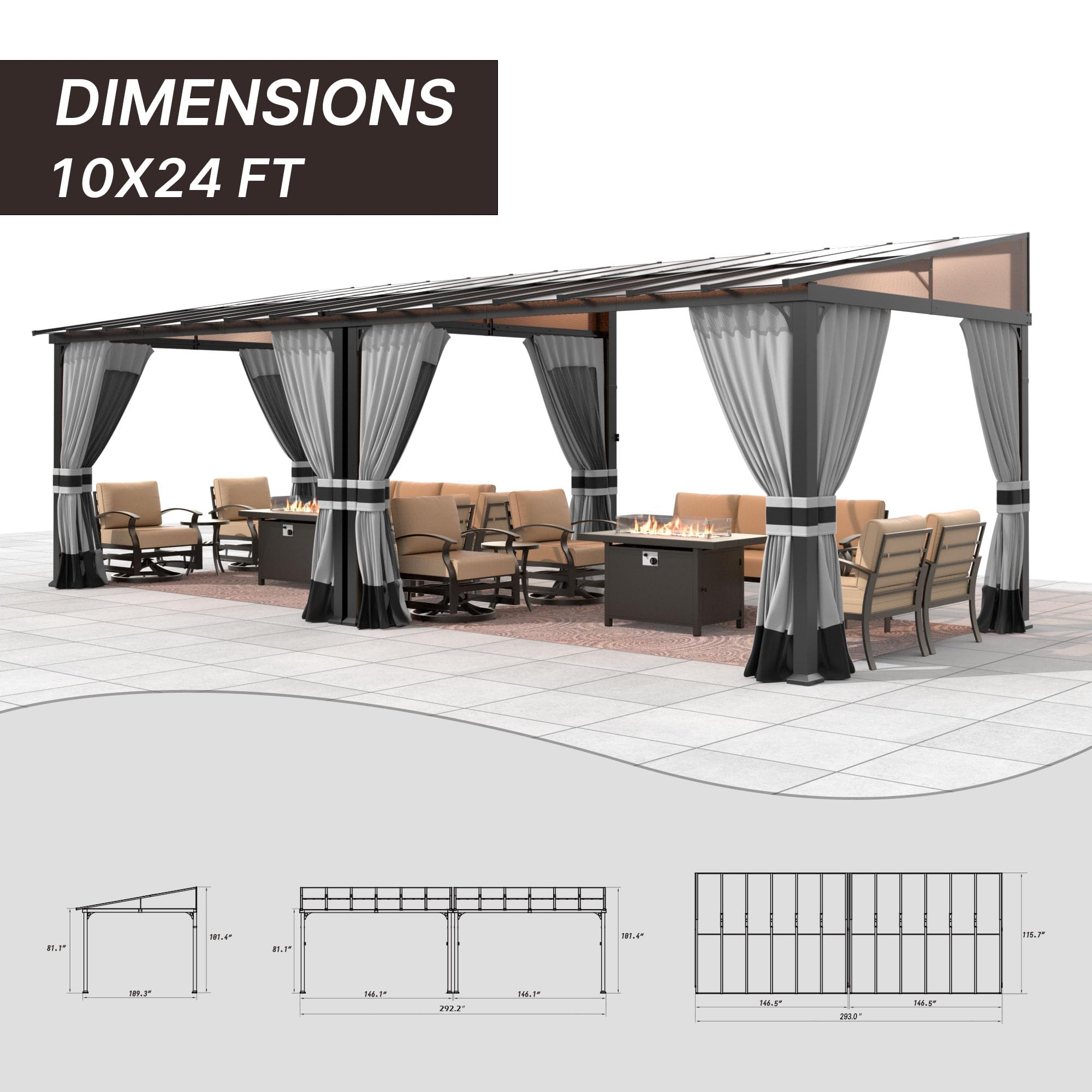 Gotland 10' × 24' Hardtop Gazebo for Patio,Wall-Mounted Lean to Gazebo Pergola with Sloping Roof and Durable Steel Frame,Large Heavy Duty Awnings for Decks,Backyard