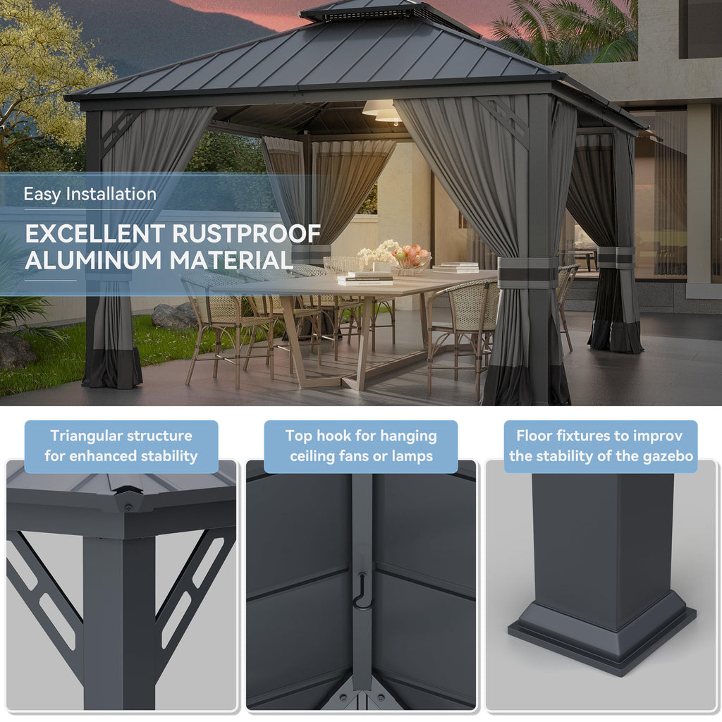 Gotland 12' x 14' Hardtop Gazebo, Outdoor Galvanized Steel Double-Roof Gazebo with Curtains and Netting for Patios, Gardens, and Lawns