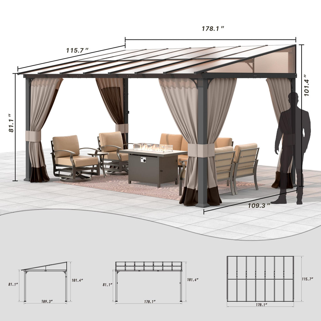 Gotland 10' × 14' Hardtop Gazebo for Patio,Wall-Mounted Lean to Gazebo Pergola with Sloping Roof and Durable Steel Frame,Large Heavy Duty Awnings for Decks,Backyard
