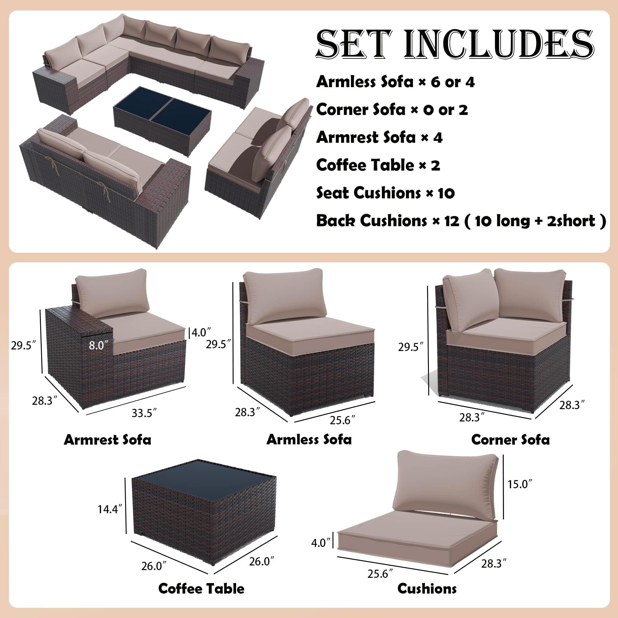 Gotland Outdoor Patio Furniture Sectional Conversation Set 12Pcs Rattan Wicker 10 Cushion Table