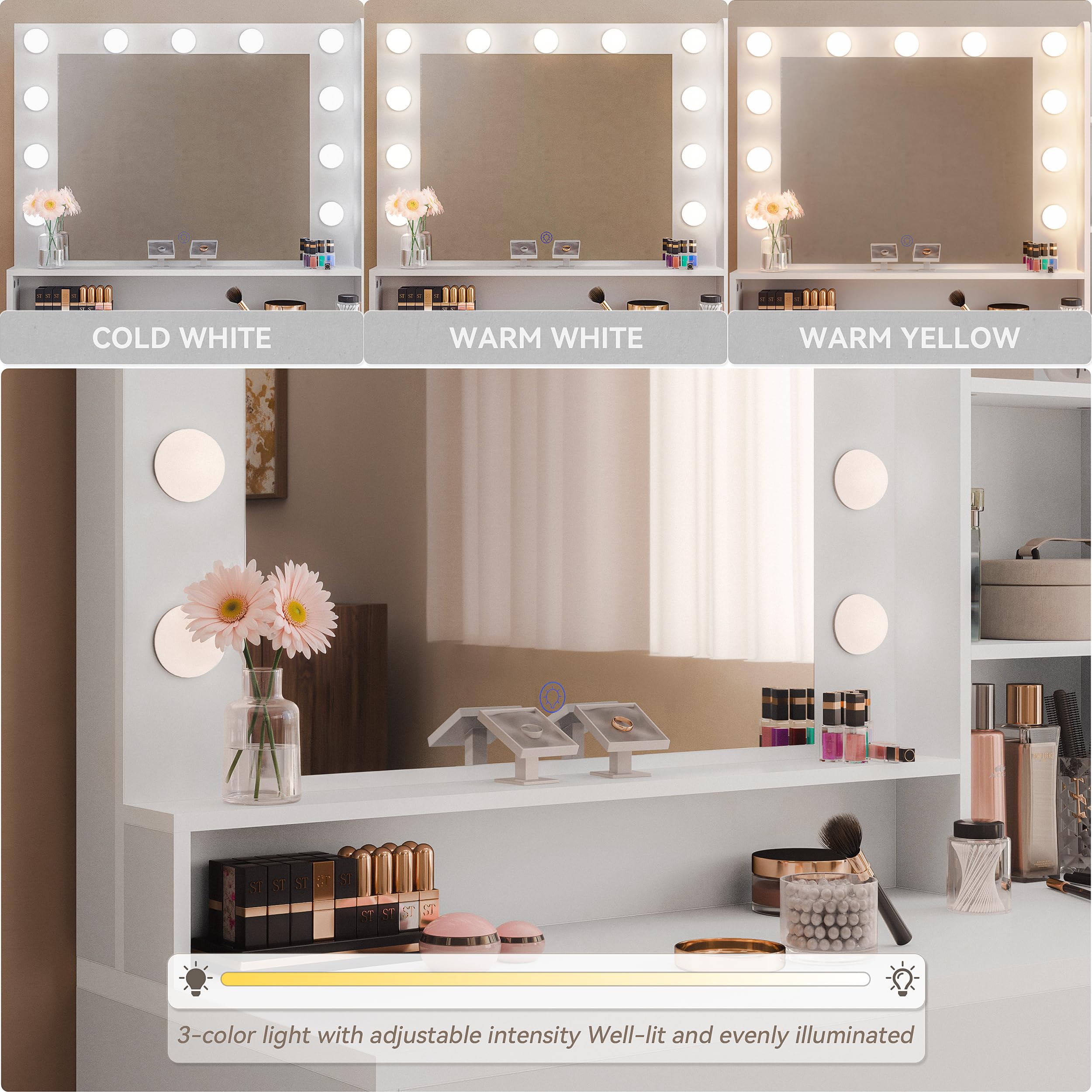 ALAULM 39.4" Vanity Mirror with Lights,Modern Lighted Vanity Table with 3 Drawers & 3 Storage Shelves,with White Vanity Chair,Three Adjustable Lighting Modes,Bedroom Vanity Desk,White