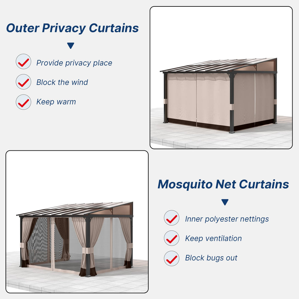Gotland 10' × 12' Hardtop Gazebo for Patio,Wall-Mounted Lean to Gazebo Pergola with Sloping Roof and Durable Steel Frame,Large Heavy Duty Awnings for Decks,Backyard