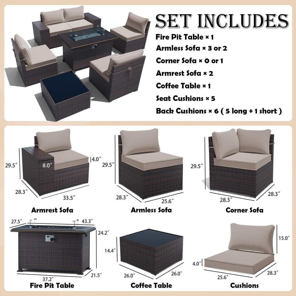Gotland Outdoor Patio Furniture Set with 43" Propane Fire Pit Table, 7 Pieces Outdoor Furniture Patio Sectional Sofa Conversation Sets