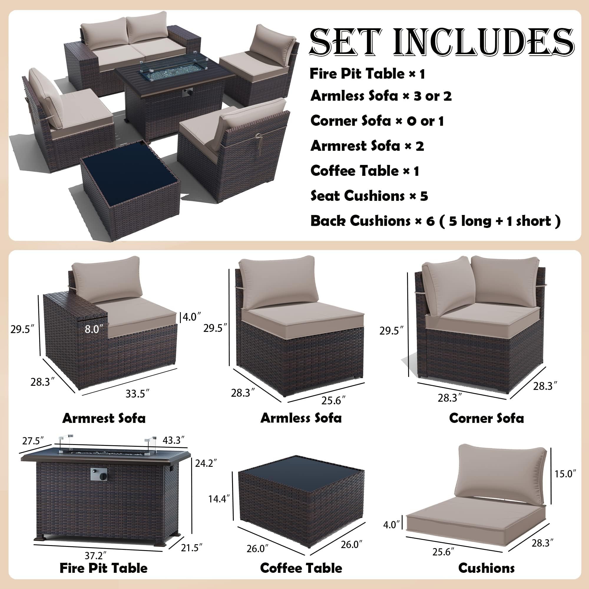 Gotland Outdoor Patio Furniture Set with 43" Propane Fire Pit Table, 7 Pieces Outdoor Furniture Patio Sectional Sofa Conversation Sets