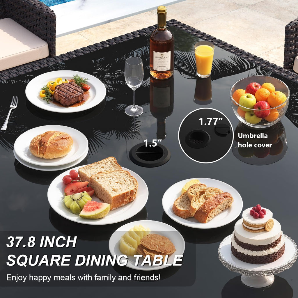 Gotland Outdoor Dining Table Set, Garden Patio Rattan Set with w/Tempered Glass Tabletop with Removable Cushions and Umbrella Cutout for Patio, Backyard